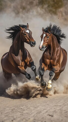 Obraz premium Aggressive stallion fight kicking up clouds of desert dust 32k, full ultra hd, high resolution