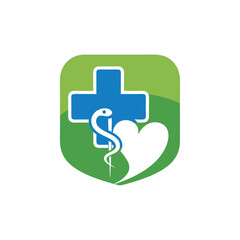 Fototapeta premium Medical Logo Blue Cross Caduceus and Heart within Green Shield.