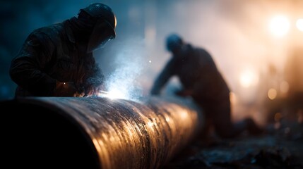 Welders working on a steel pipeline on a construction site