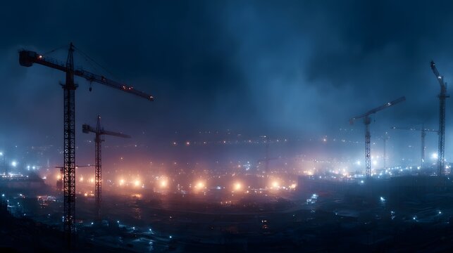 Nighttime construction site with multiple cranes and a bustling cityscape - Powered by Adobe