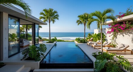 Fototapeta premium Luxurious villa with infinity pool overlooking tropical ocean paradise for relaxation