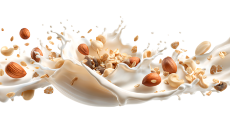 Fresh milk or yogurt splash swirl with oats, almonds, cereals, hazelnuts, cornflakes, Healthy breakfast meal isolated on a transparent background