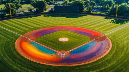 Aerial view of colorful baseball field with paint burst effects