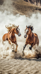 Obraz premium Aggressive stallion fight kicking up clouds of desert dust 32k, full ultra hd, high resolution