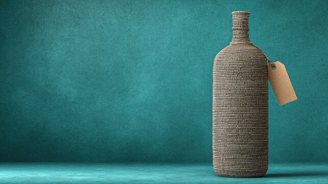 Ornate decorative bottle with textured pattern and blank tag against a teal background