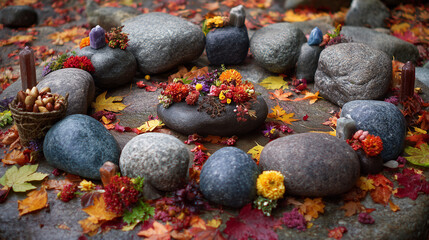 Mabon Autumn Equinox, ceremonial circle of stones with autumn leaves and offerings