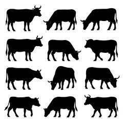 Elegant silhouette collection of grazing cows for branding or farm design projects