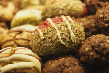 Delicious cookies displayed at a bakery during winter season