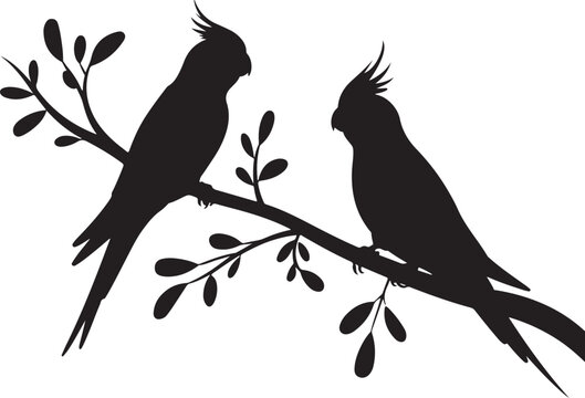 Two cockatiel parrots silhouetted on a branch with leaves