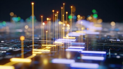 Digital Network Pathways: An intricate tapestry of interconnected data streams and illuminating pathways weave across a circuit board landscape.