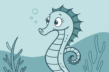 Fototapeta premium Cute cartoon sea serpent, vector flat style, soft green-blue tones, smiling face, minimal lines
