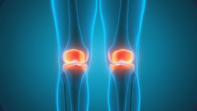 Medical illustration of human knee joints highlighted with red pain areas, used to represent arthritis, joint inflammation, orthopedic diagnostics, and medical research on musculoskeletal conditions.