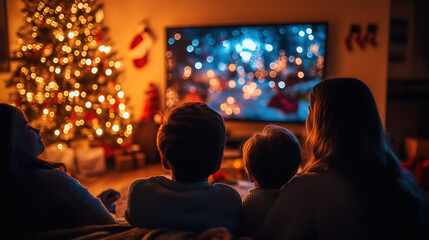 a cozy Christmas living room with a family of four watching holiday movies on a large TV, Christmas lights glowing