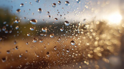 Ephemeral Jewels: Capturing the serene dance of raindrops clinging delicately to a transparent surface, reflecting the warmth of sunlight and creating a captivating display of ephemeral beauty. 