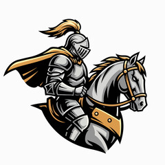 Fototapeta premium Mascot logo featuring knight riding horse with golden accents. Knight, embodying power, is on majestic stallion, creating a dynamic scene. Commercial usage mascot logo for branding and identity.