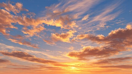 Obraz premium Heavenly Skies: A breathtaking view of a vast, expansive sky, adorned with soft, fluffy clouds bathed in the warm hues of sunrise, evoking feelings of serenity and the wonders of nature.