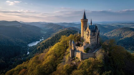 Majestic castle on hilltop with mountain view