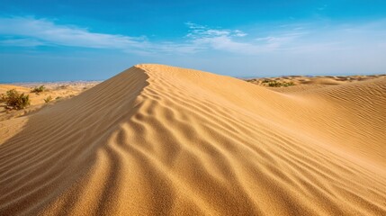 Desert Sands under Sky: Vast, rolling desert sand dunes stretch beneath a clear, azure sky, evoking a sense of timelessness and natural grandeur.