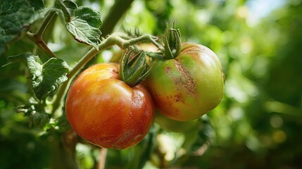 Obraz premium Tomatoes in various stages of ripeness grow under the sun, with visible blemishes and leaf discoloration indicating plant stress. 