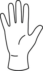 Hand drawn outline of a single medical glove or surgical glove with five fingers shown in a simple line art style isolated on transparent background