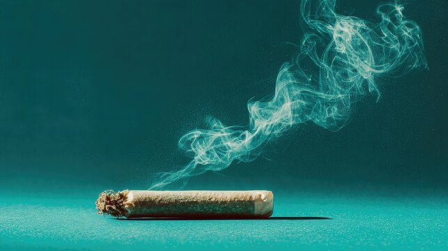 A single preroll joint is displayed on a clean teal background, emphasizing its simple form and relaxed lifestyle vibe.
