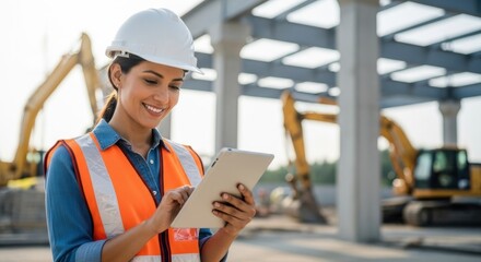 Smiling woman in hard hat and safety vest using a digital tablet at a construction site. Female engineer inspecting building progress. Young architect working on a project planning.