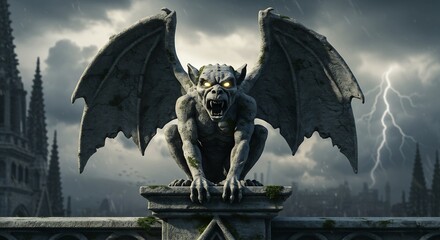 Menacing Gargoyle Stone Statue on Gothic Cathedral Rooftop During a Dramatic Thunderstorm