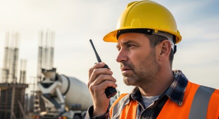 Foreman holding walkie talkie at construction site. Builder controlling job at building area. Concept of safety and communication at workplace.