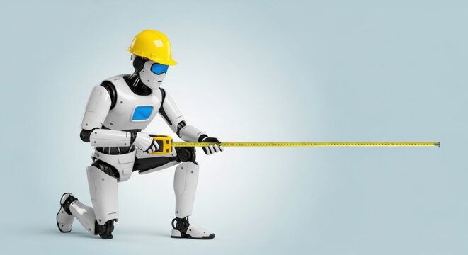 White robot wearing a yellow construction helmet kneeling and extending a yellow measuring tape. AI worker doing precise measurement for a blueprint or construction project.
