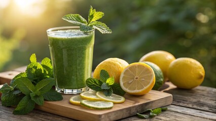 Fototapeta premium Invigorating green smoothie with lemon and mint on a wooden board, set against a blurred nature backdrop in warm sunlight