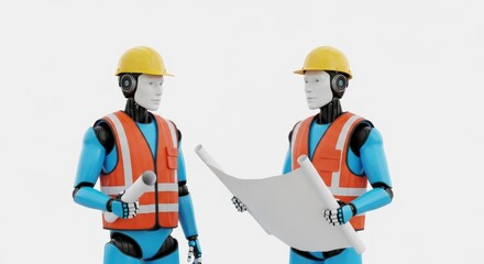Fototapeta premium Two construction robots in safety vests and hard hats reviewing building plans. AI worker cooperation for construction projects.