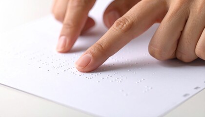 Close-up of Fingers Tactilely Reading Braille Text on White Paper
