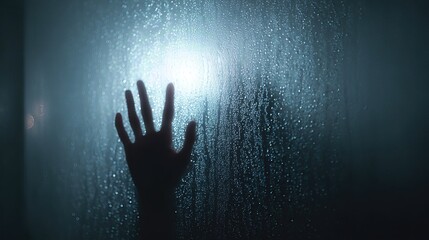 Silhouetted through misted glass, a lone hand reaches out in the shadows, creating a haunting and cinematic atmosphere.
