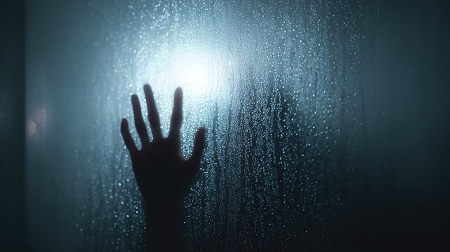 Silhouetted through misted glass, a lone hand reaches out in the shadows, creating a haunting and cinematic atmosphere.
