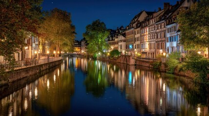 Fototapeta premium Canalside buildings night reflection