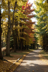 Naklejka premium A pathway winds through a vibrant autumn forest, with trees displaying a spectrum of yellow, orange, and red foliage.