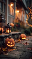 Obraz premium Halloween pumpkins glowing on a cozy front porch, traditional lanterns, autumn leaves on stone pavement, warm bokeh lights in the background