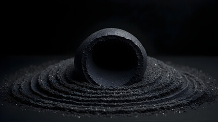 Naklejka premium Black Chalk Cylinder Surrounded by Fine Black Sand in Dark Minimalist Setting