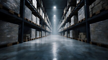 Fototapeta premium Vast industrial warehouse with orderly shelves of stored goods long title Expansive industrial warehouse interior with rows of organized shelving