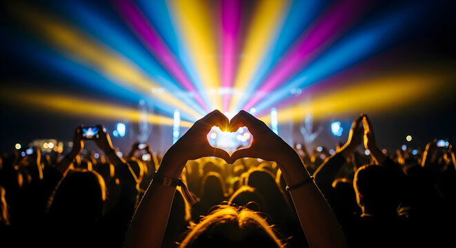 Crowd at Concert Performing with Colorful Stage Lights Creating Heart Shape - Powered by Adobe