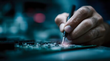 A technician assembles electronic circuit boards under precise manufacturing lighting  long title A technician carefully assembles electronic circuit