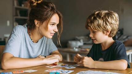 Fototapeta premium Teacher Engaging with Child in Educational Card Activity – Learning Through Play