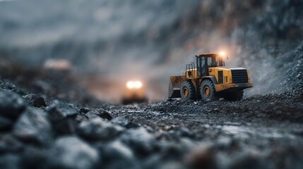 A heavy construction vehicle operates in a rugged mining environment  long title A powerful excavator or front end loader navigates through a