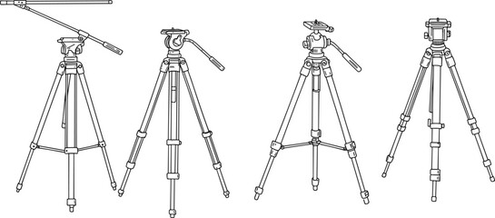 Professional camera tripod illustrations in vector style, detailed photography gear set, essential equipment for photographers, studio accessory, technical design