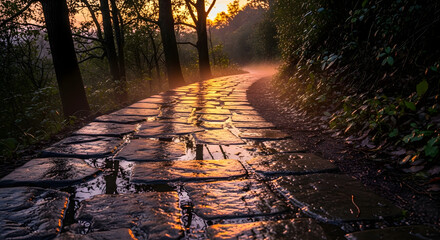 Sunlit Pathway: A Stone Road Through Tranquil Forest During Golden Hour Atmosphere