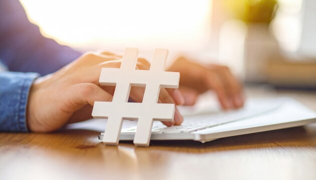 Close-up of Hands Typing on Keyboard with Large Hashtag Symbol in Foreground, Warm Sunlight - Powered by Adobe
