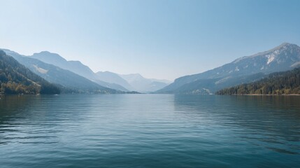 Serene lake nestled between majestic mountains under a hazy blue sky