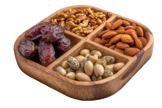 Wooden dish filled with assorted nuts and dates
