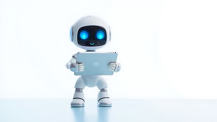 Adorable white robot with glowing blue eyes holds a tablet, symbolizing friendly AI and future technology