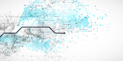 Abstract technology concept. Used blue squares, tech lines and plexus effect. Vector illustration.